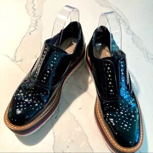 ZARA Sz 38 Patent  Leather Studded Brogue Platform Slip On Shoes